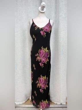 Y2K Temptation black purple roses print maxi sleeveless bias cut rayon  dress